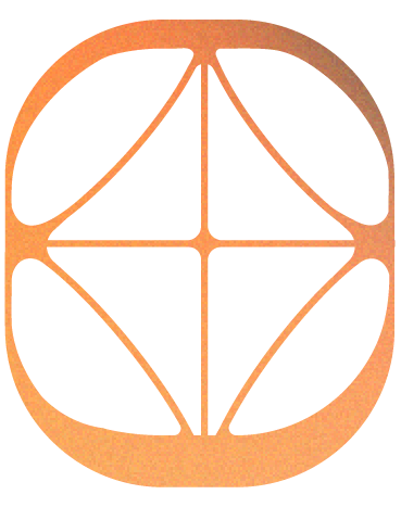 A stylized geometric pattern with a circular shape divided into four sections by lines, with curved shapes within each section, all in a gradient orange color.