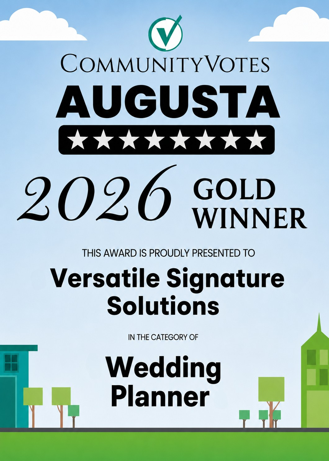 Certificate design celebrating Augusta as the 2026 Gold Winner for community votes in wedding planning solutions, with decorative trees and buildings at the bottom and a light blue sky with clouds at the top.