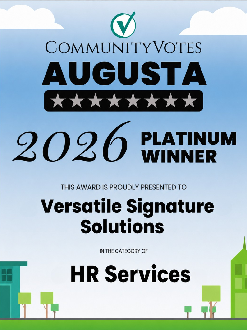 Award certificate for Augusta community votes, 2026 platinum winner in HR services, presented to Versatile Signature Solutions, with a sky background and cityscape illustrations.