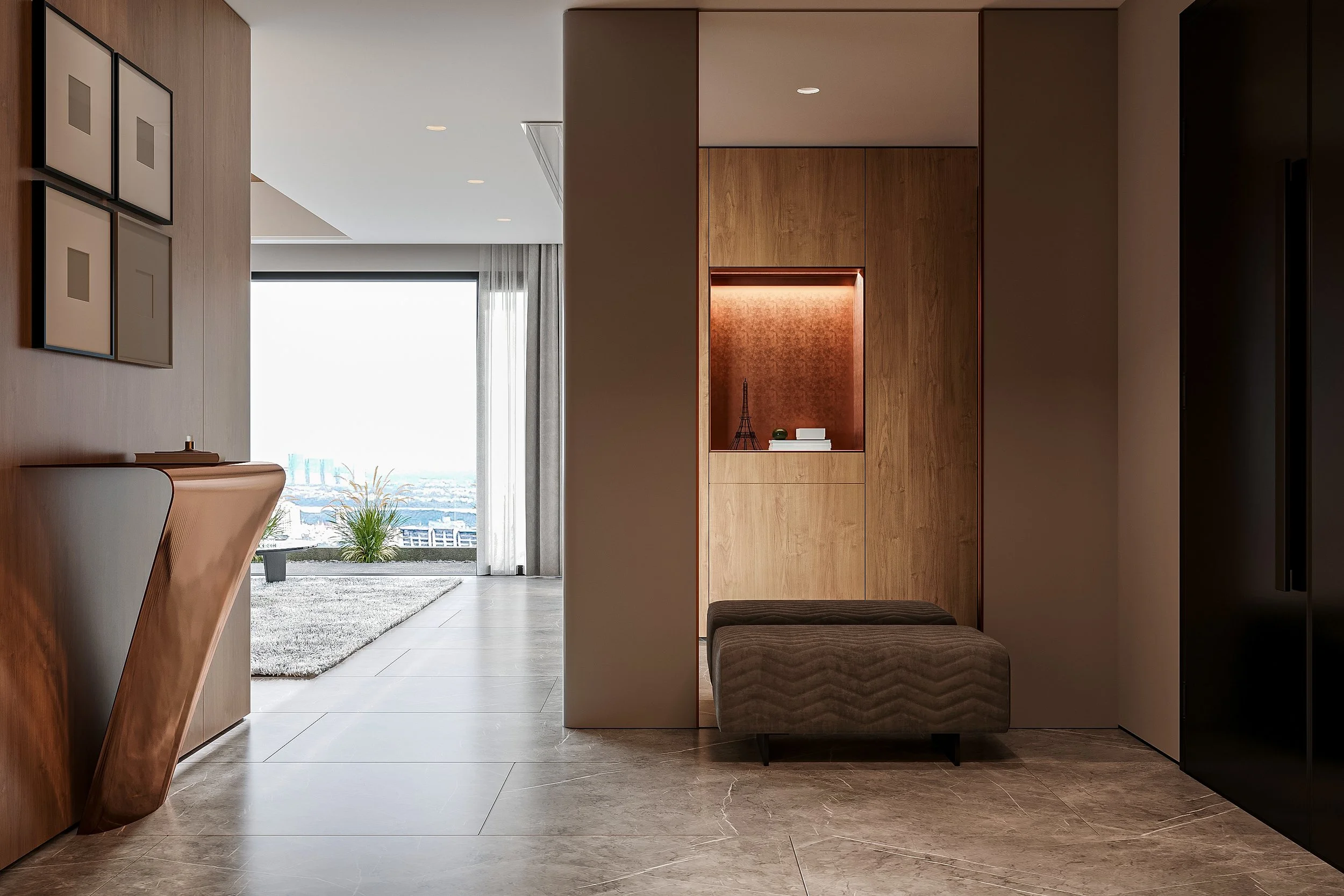 Modern living room with wooden wall paneling, a black ottoman, and built-in wooden shelving with a miniature Eiffel Tower and books. Large window with sheer curtains shows city view outside.
