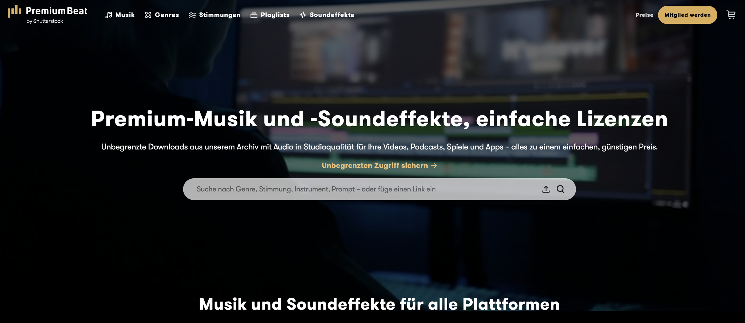 Screenshot der Webseite Premiumbeat.com
