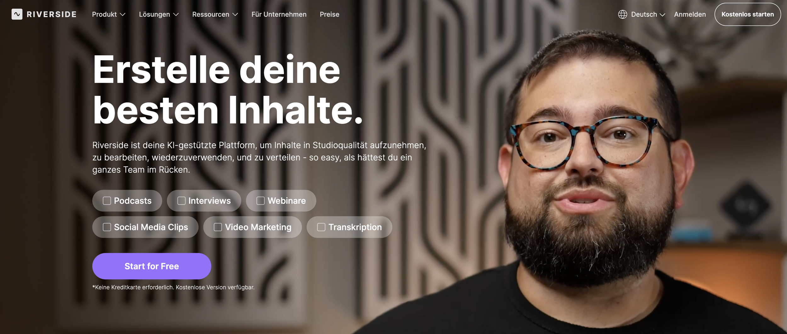 Screenshot der Webseite Riverside.fm.