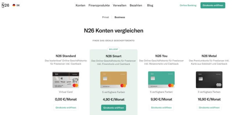 Screenshot der Webseite von N26.