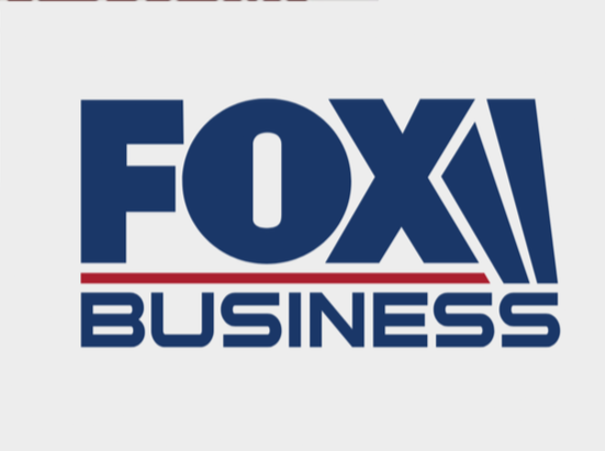 FOX Business logo with blue text and a red underline on a gray background.