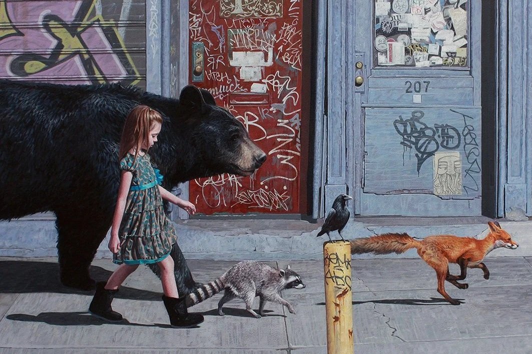 A girl with red hair and a patterned dress walking with a raccoon, a crow perched on a yellow post, a running fox, and a large black bear in front of a graffiti-covered door and a storefront with graffiti and stickers.