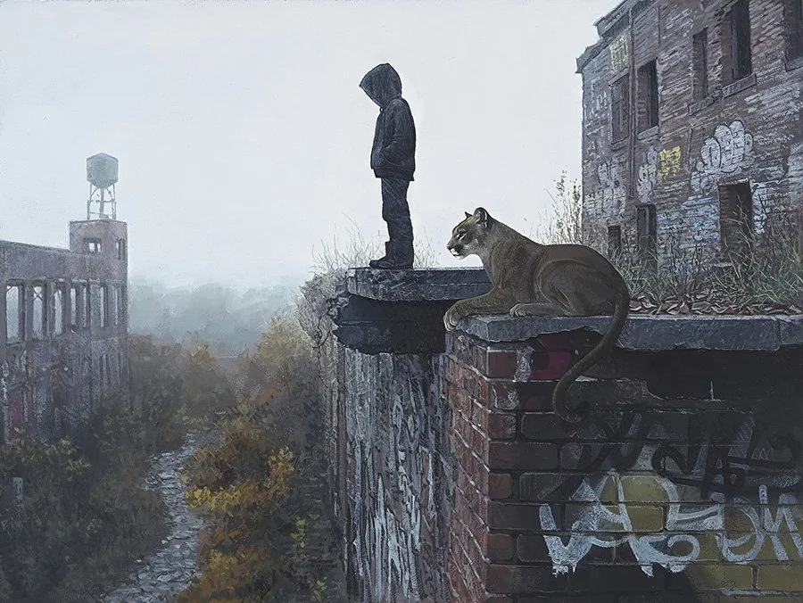 Painting of a person in a hoodie and silhouette standing on a crumbling brick ledge, with a puma lying nearby, overlooking an abandoned, graffitied urban landscape shrouded in fog.