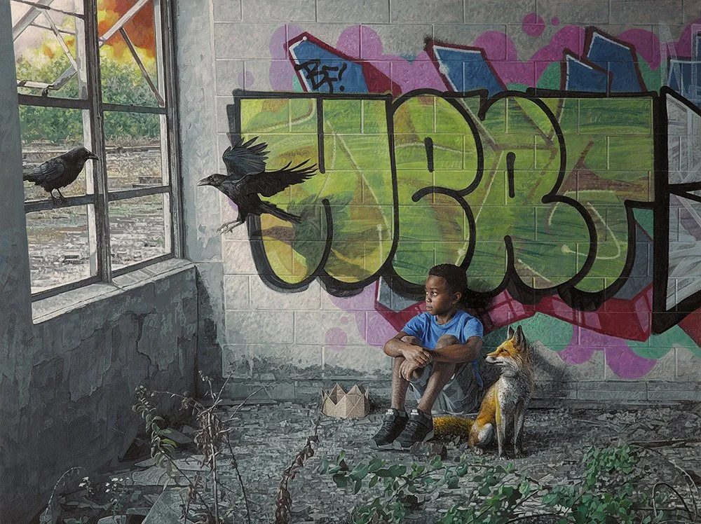 A young boy sits on the ground inside an abandoned building with graffiti on the walls, a fox toy beside him, watching two birds outside a window, with some graffiti art in the background.
