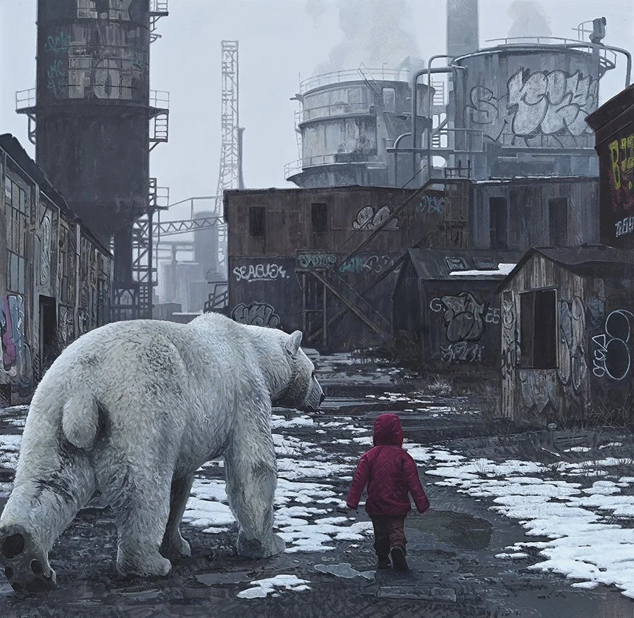 A child in a red jacket walking on a graffiti-covered industrial area with a large white bear following closely behind.