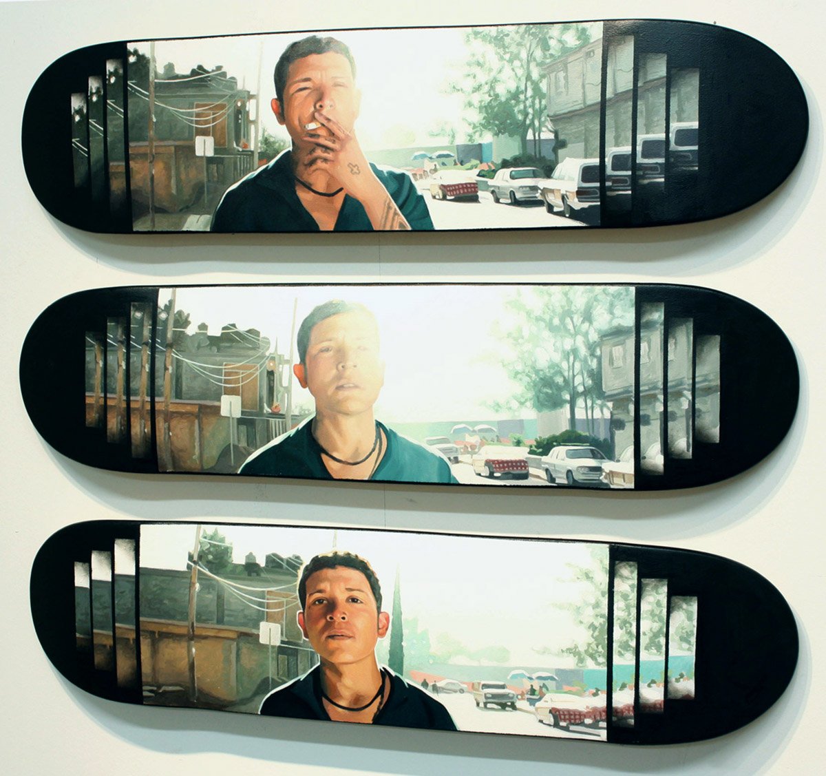 Three horizontal mirrors showing distorted reflections of a person in an urban street scene with parked cars, trees, and buildings in the background.