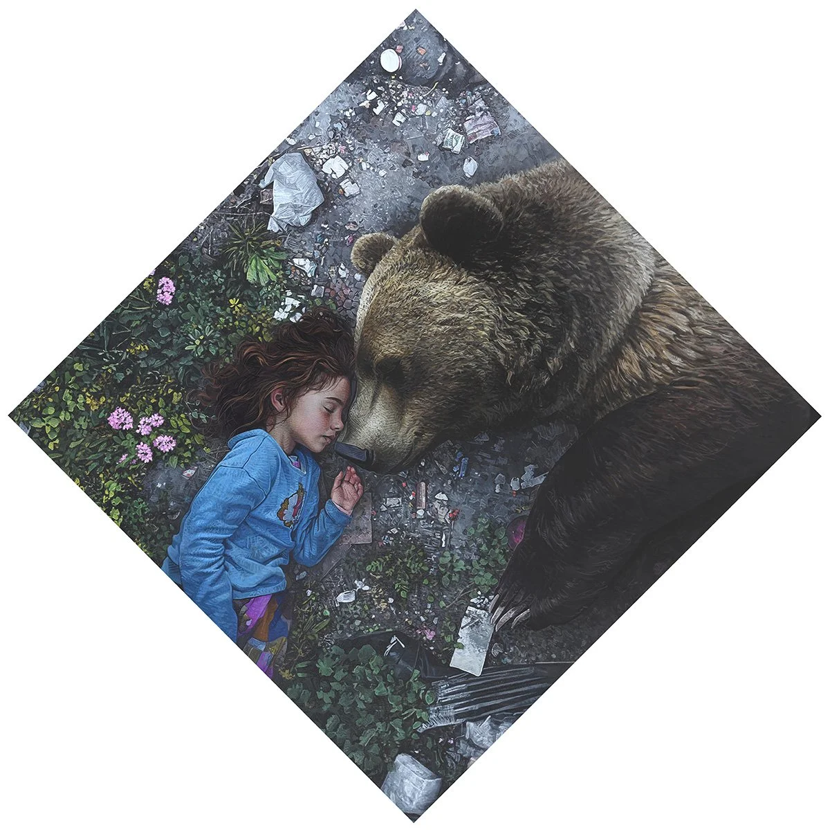 A young girl sleeping on the ground next to a large bear, both peacefully resting with their faces touching. The ground is covered with flowers, leaves, and scattered trash.