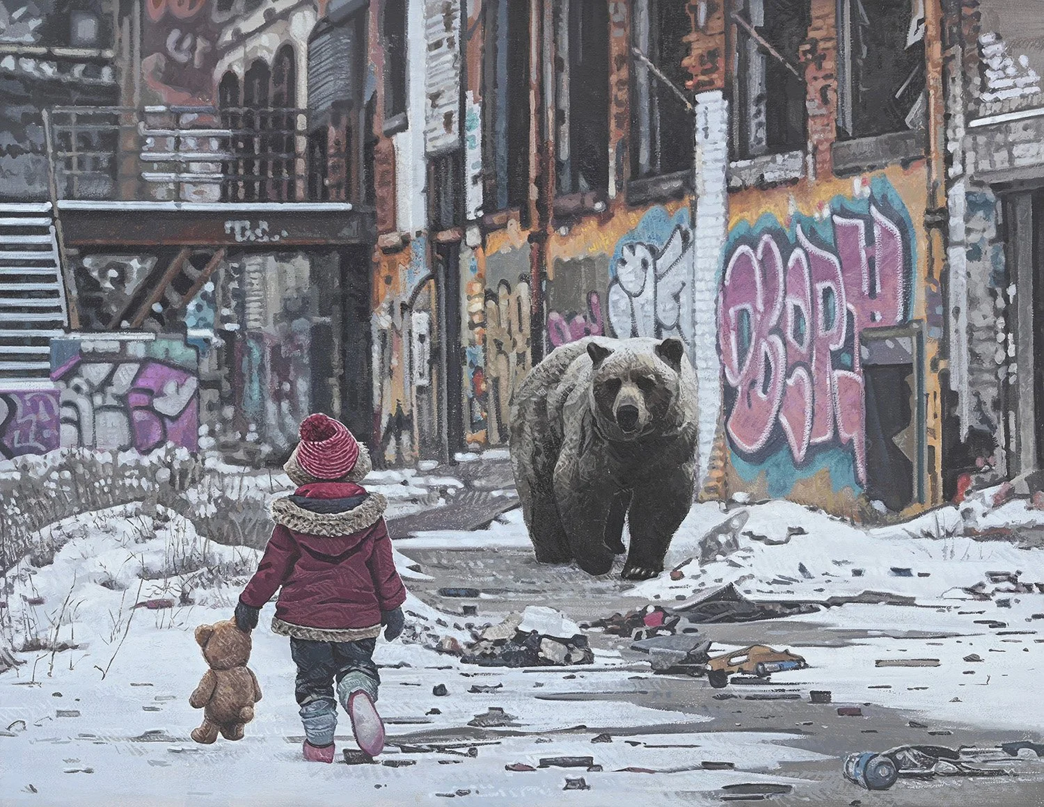 A young girl in winter clothing walking through a snow-covered, abandoned urban alleyway with a large bear approaching her. The alley is filled with graffiti on the walls and scattered debris on the ground.