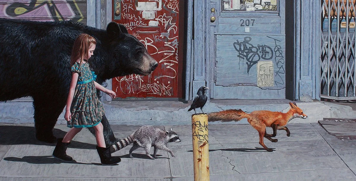 A girl with red hair wearing a dress and boots walks on a city sidewalk. She is accompanied by animals, including a large bear, a raccoon, a black bird, and a fox, all animated or surreal in style. The background features graffiti-covered doors and a