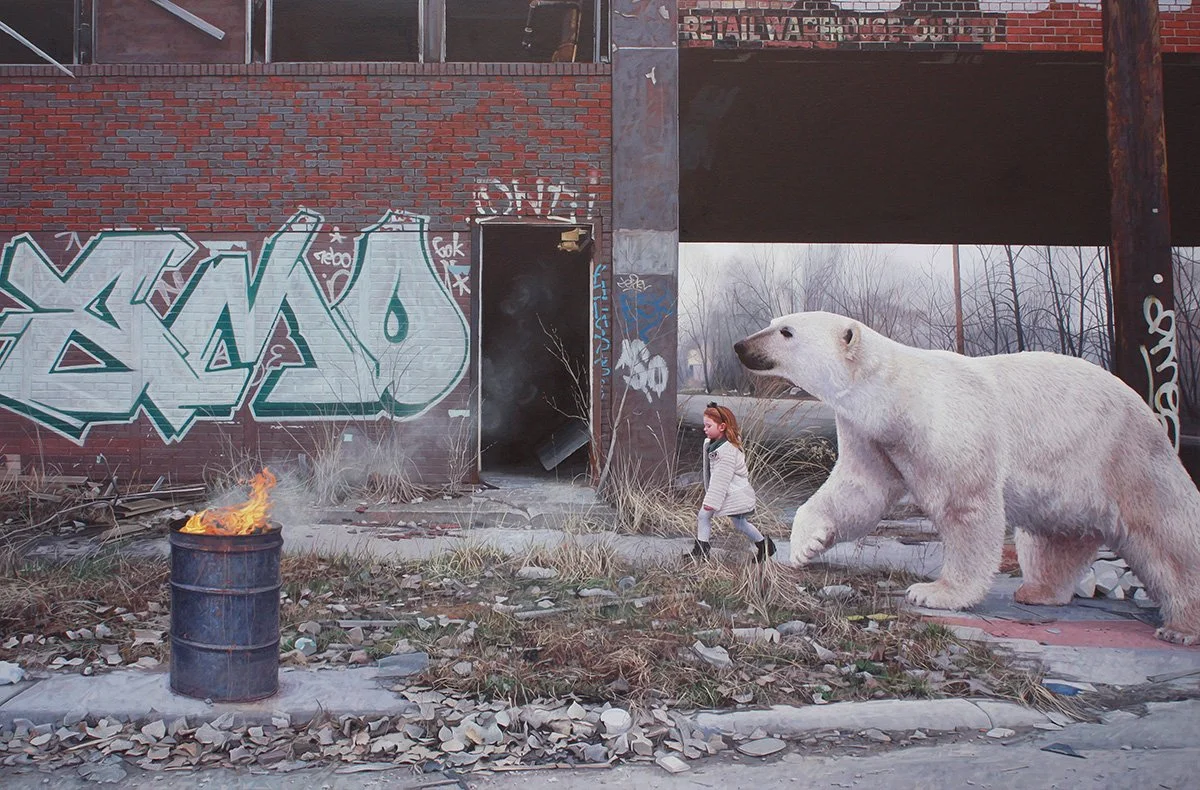 A young girl walking past a large polar bear statue in front of an abandoned brick building with graffiti. There is a barrel on fire near the girl, and the area appears run-down with debris and overgrown weeds.