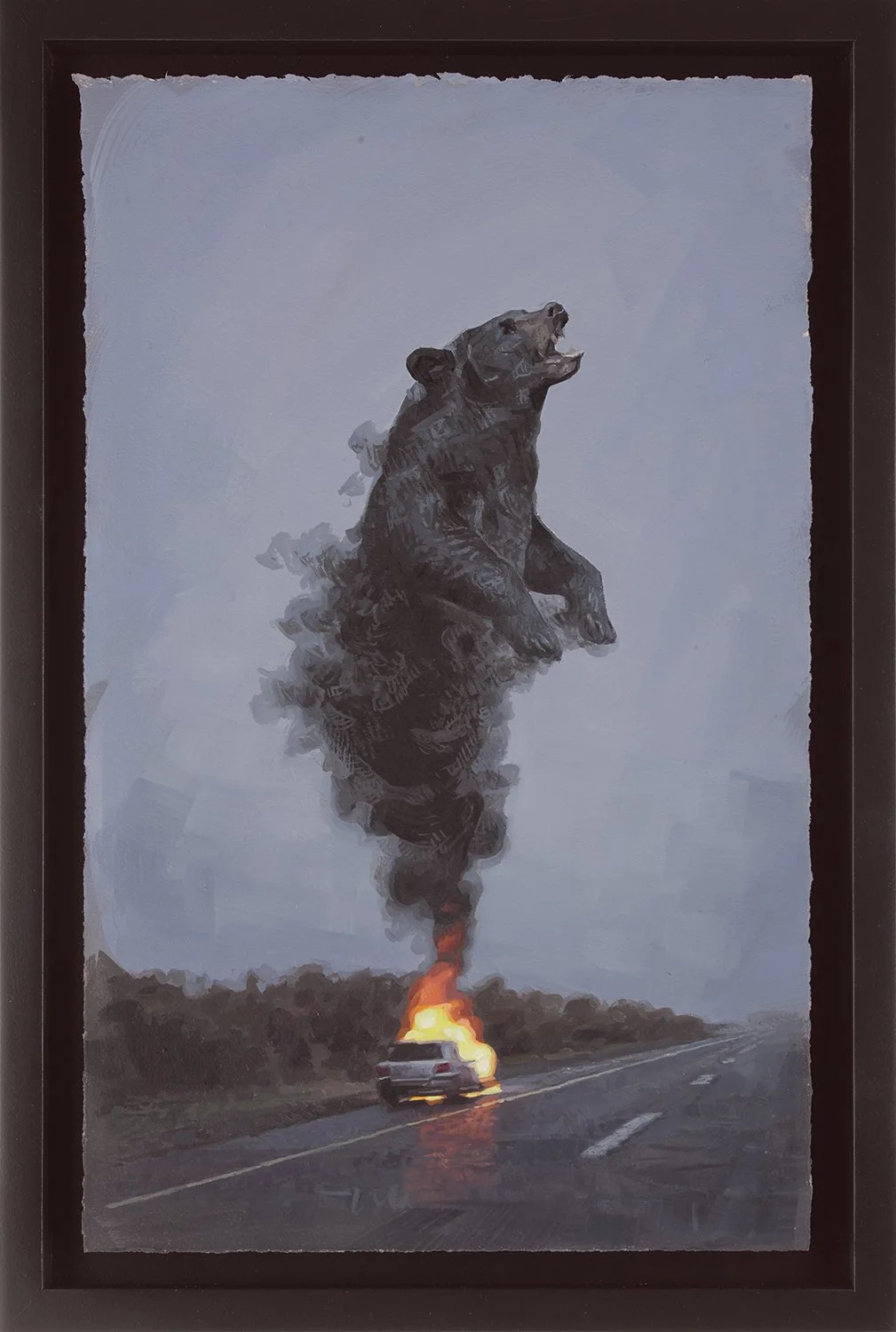 Painting of a burning car on a highway with a large bear head and smoke rising into the sky in the background.