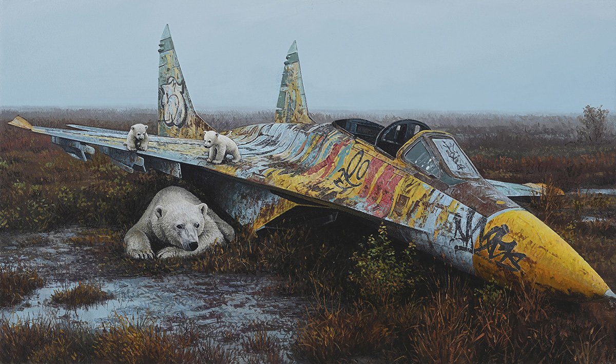 A painted aircraft with graffiti and a bear face on the nose, resting on a marshy field with four polar bear cubs, one lying under the plane and three on top, in a foggy landscape.