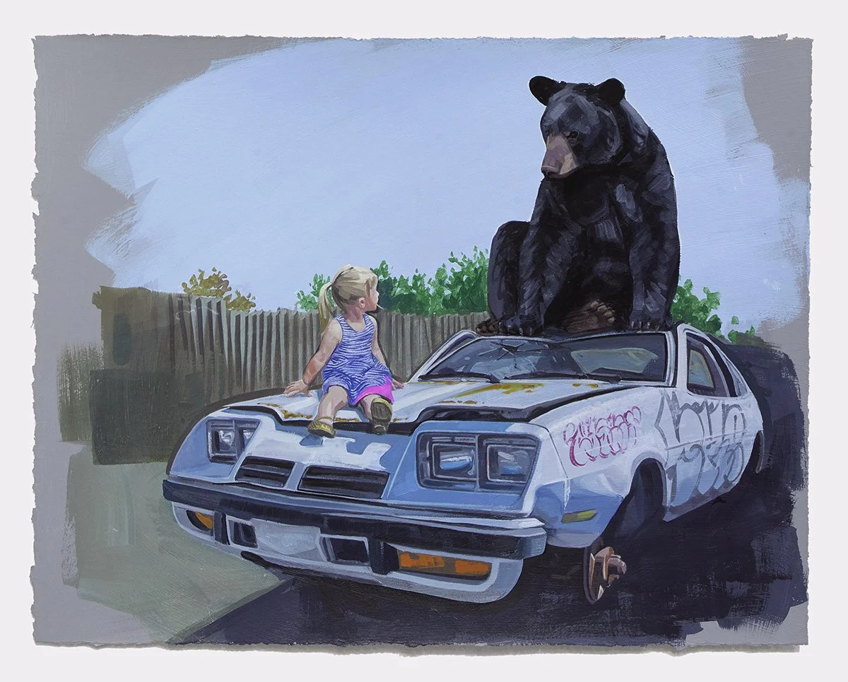 A girl with blonde hair in a ponytail sitting on the hood of a car with a large bear on top. The scene is outdoors, with a fence and some greenery in the background, and a cloudy sky above.