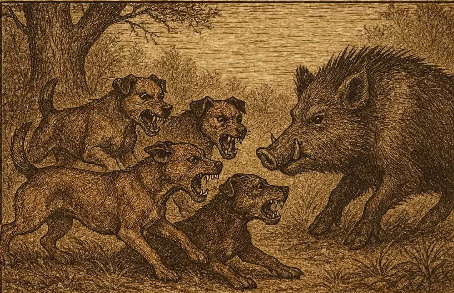 Gravure de chasse sur bois