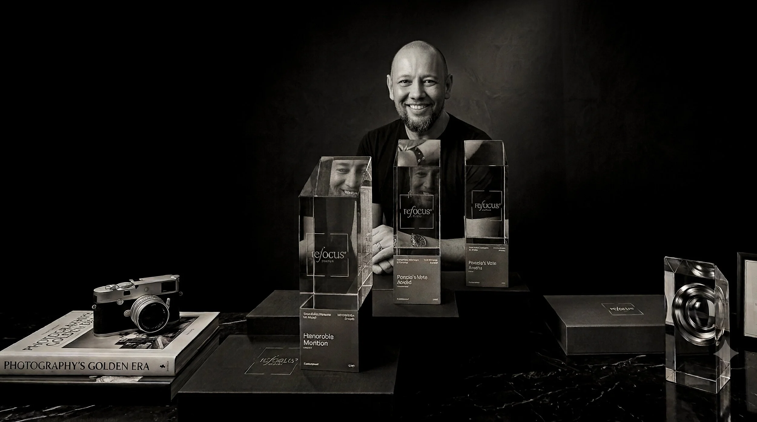 Juan Frota com os troféus internacionais de fotografia, retrato em preto e branco
