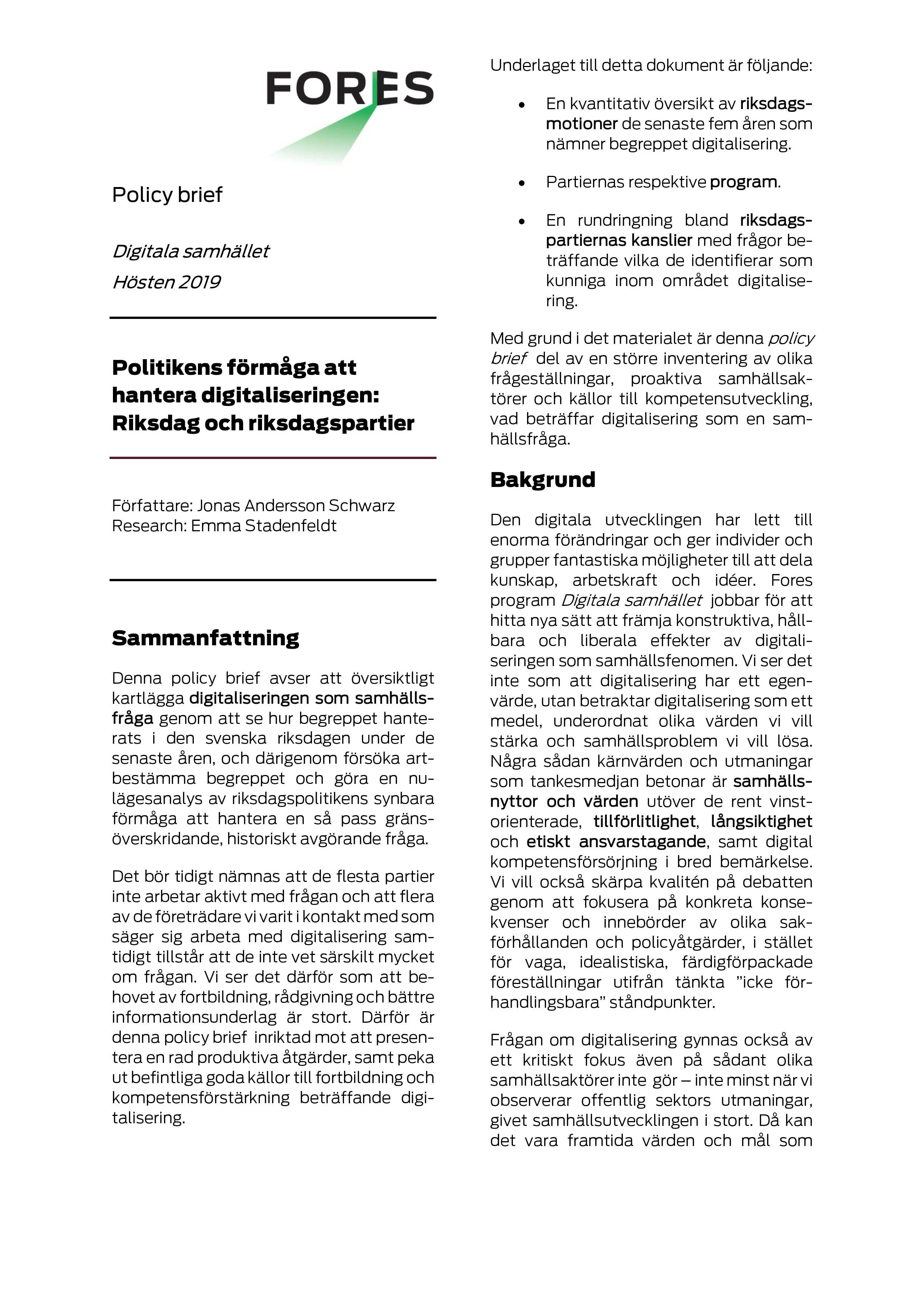 Politikens förmåga att hantera digitaliseringen: Riksdag och riksdagspartier