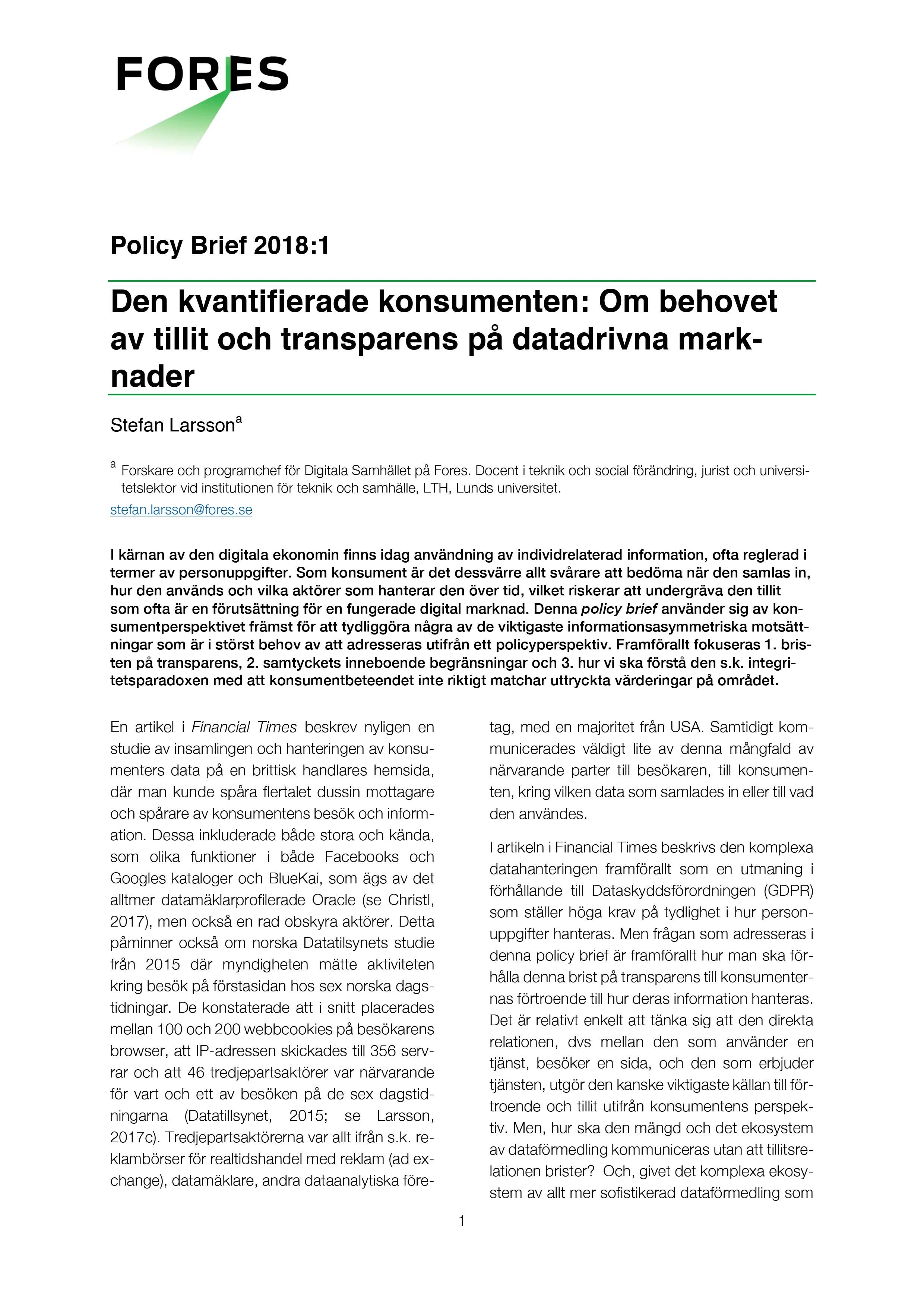Den kvantifierade konsumenten: Om behovet av tillit och transparens på datadrivna marknader