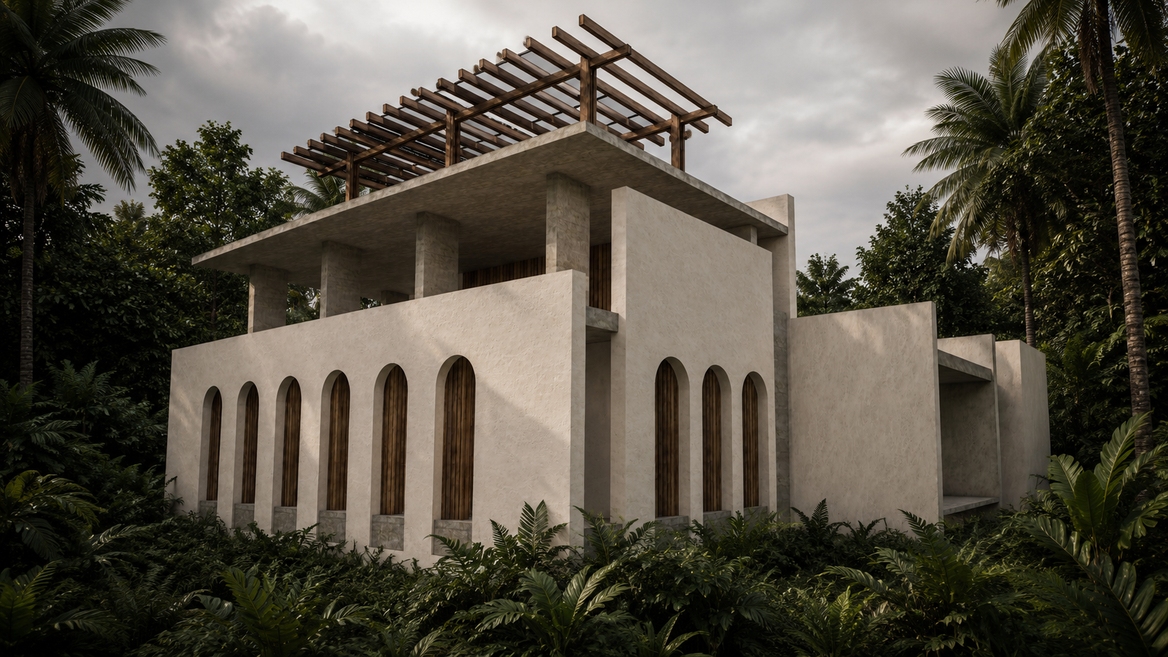 Corner view, the arches into the ground and the light concrete roof on the second floor. Pergola siting on top. Protection from the hard sun of the coast.