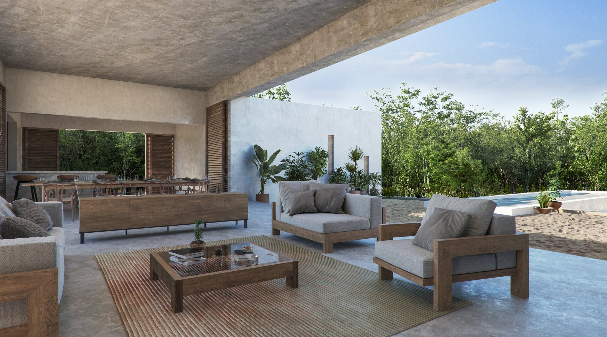 Living, dinning kitchen with the front and back sand garden and the pool.
