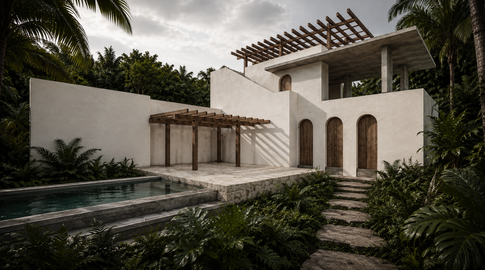 Entrance expereience with a pool running along side the path inside the jungle