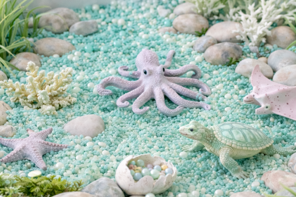 Sensory Play Box Seaworld life , Korallen, Süsswasserkrabbe, Seestern, Meeresschildkröte und Quallen. Alles ist in Pastellfarben gehalten.