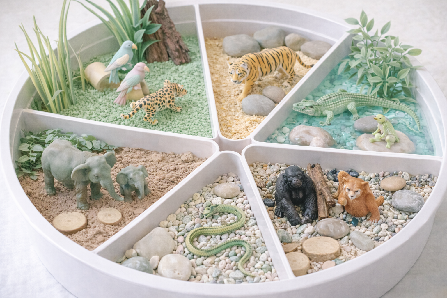 Eine runde Spielzeugbox mit sechs Sektionen, die verschieden dekorierte Miniatur-Tiermodelle und kunstliche Pflanzen enthalten. Die Sektionen zeigen Elefanten, einen Tiger, Krokodile, Affen, eine Schlange, Vögel, Frösche und andere kleine Tiere, alles in realistische Miniaturdarstellung.
