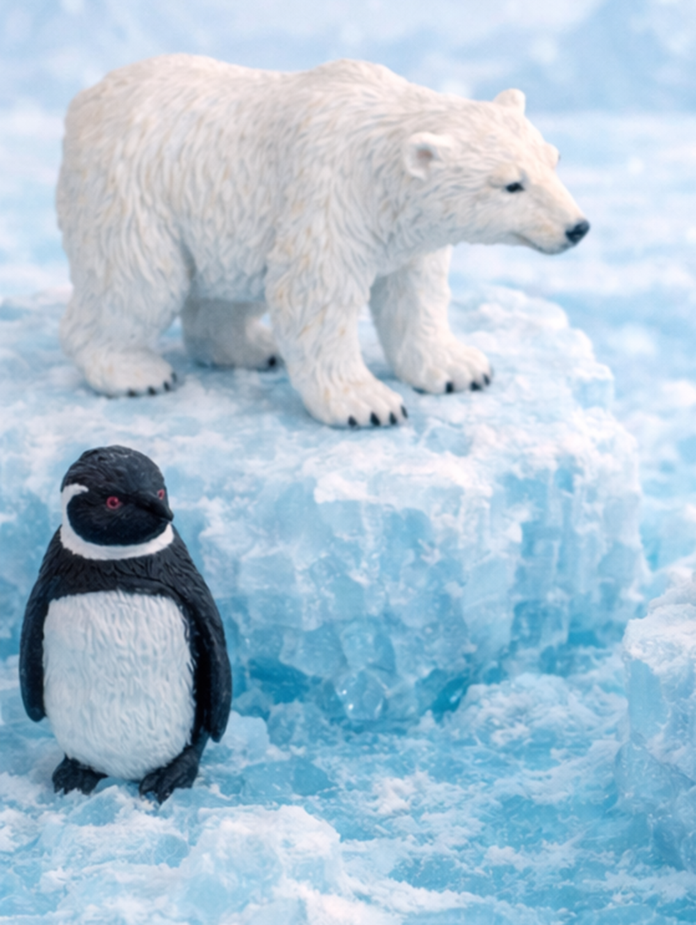 Modell eines Eisbären und einer Pinguindame auf Eis in der Antarktis