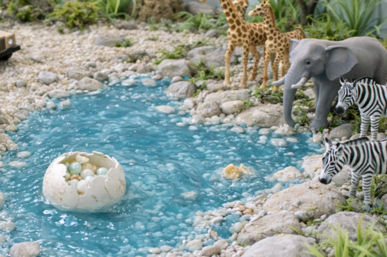 Kunstreproduktion einer Szene mit Giraffen, Elefanten und Zebras an einem kleinen Gewässer mit bunten Eiern im Wasser.