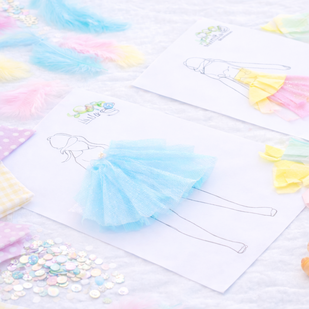 Zeichnungen von Mädchen in Ballerina-Kostümen, mit Tüllröcken aus Papier und personalisierte Bastelmaterialien, einschließlich Federn, Pailletten und Stoffstücke in Pastellfarben.