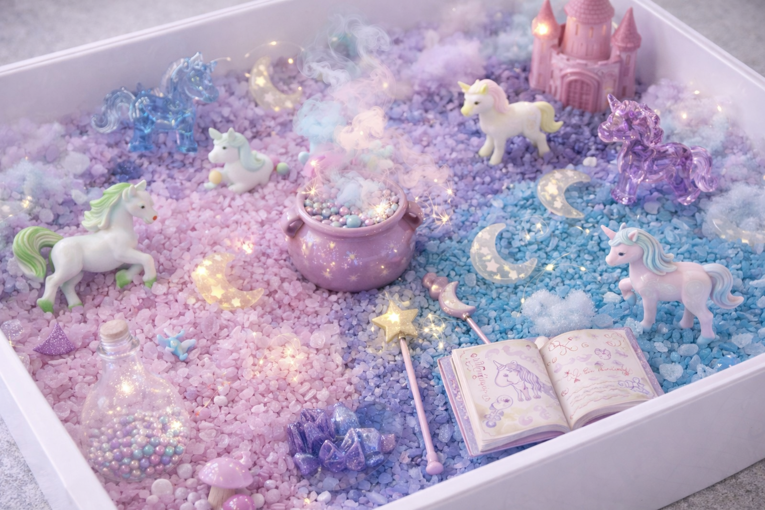 Eine bunte, magische Märchenlandschaft mit Spielzeug-Feen, Einhörnern, einem kleinen Schloss, einem Zauberstab, einer Zauberbuch und Dekorationen in Pastellfarben, die eine Fantasiewelt darstellen.