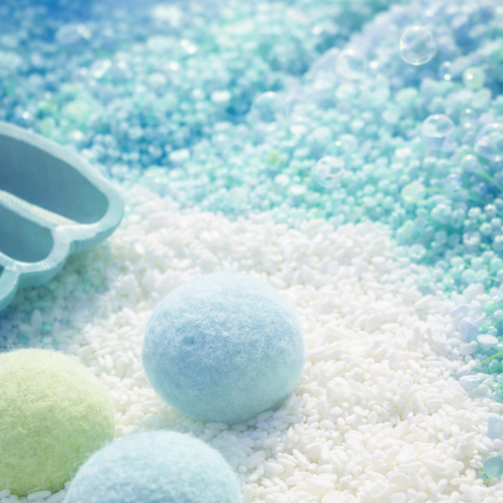 sensory play Materialien: Bunte Bälle liegen auf einem weißen und blauen Untergrund mit Seifenblasen im Hintergrund.