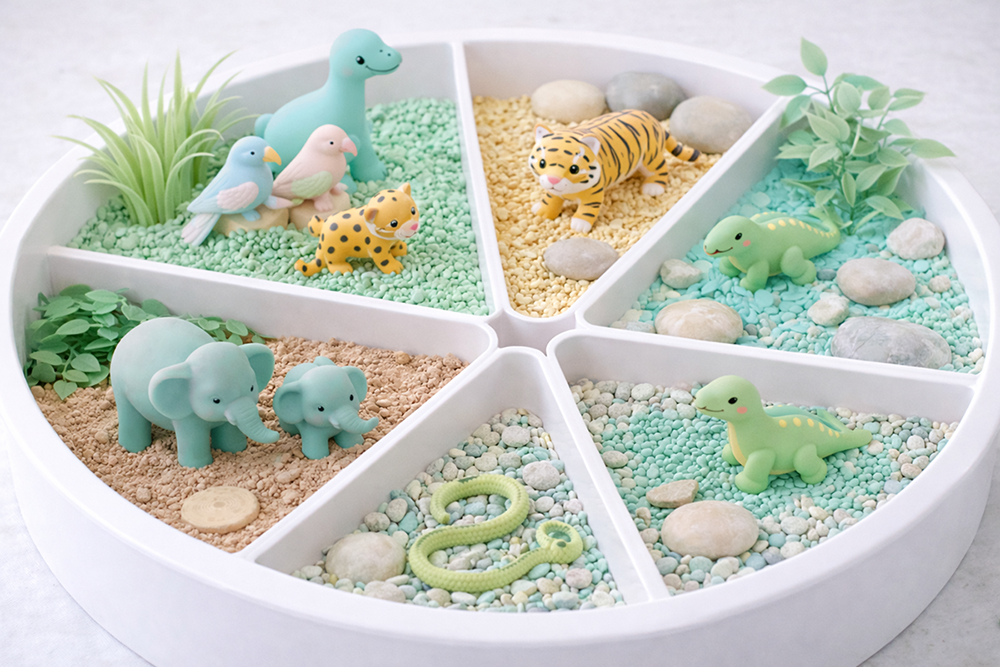 Kunterbunte Spielzeugtiere in einer runden Aufbewahrungsbox, die in verschiedene Segmente unterteilt ist, mit Miniaturtieren wie Elefanten, Vögeln, Tigern, Eidechsen und einem Schlange, sowie Kunststoffpflanzen und Steinen zur Dekoration.