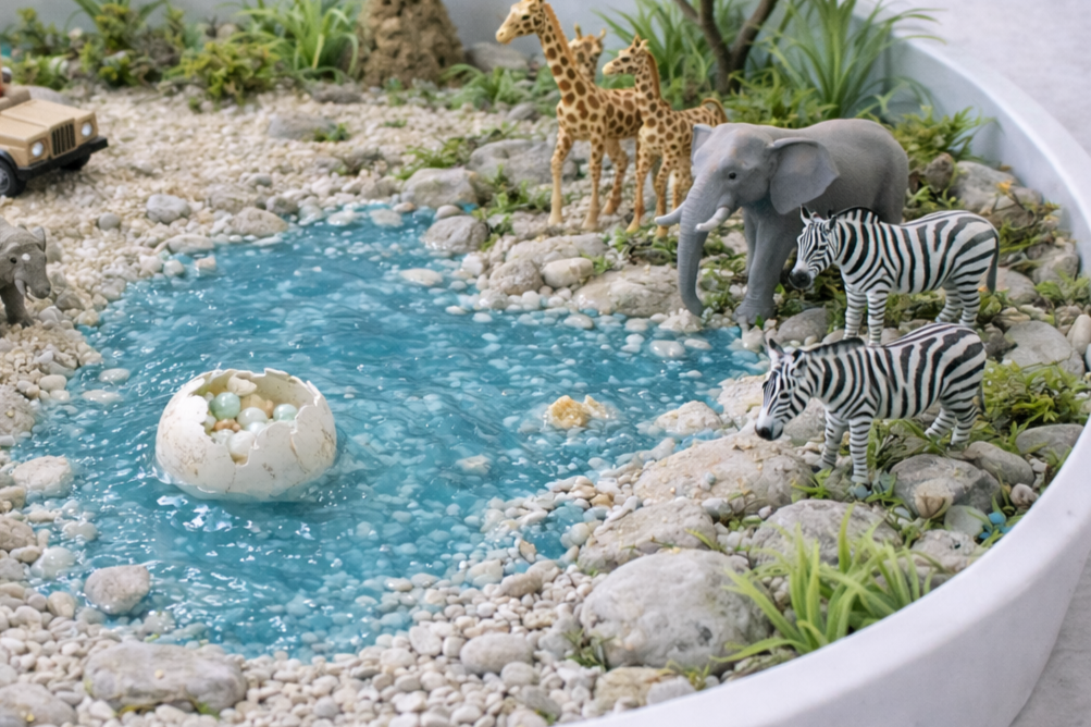 Sensory play Box Safari vibe, Giraffen, Tapiren, Zebras, und einem gehäuteten Ei mit bunten Perlen