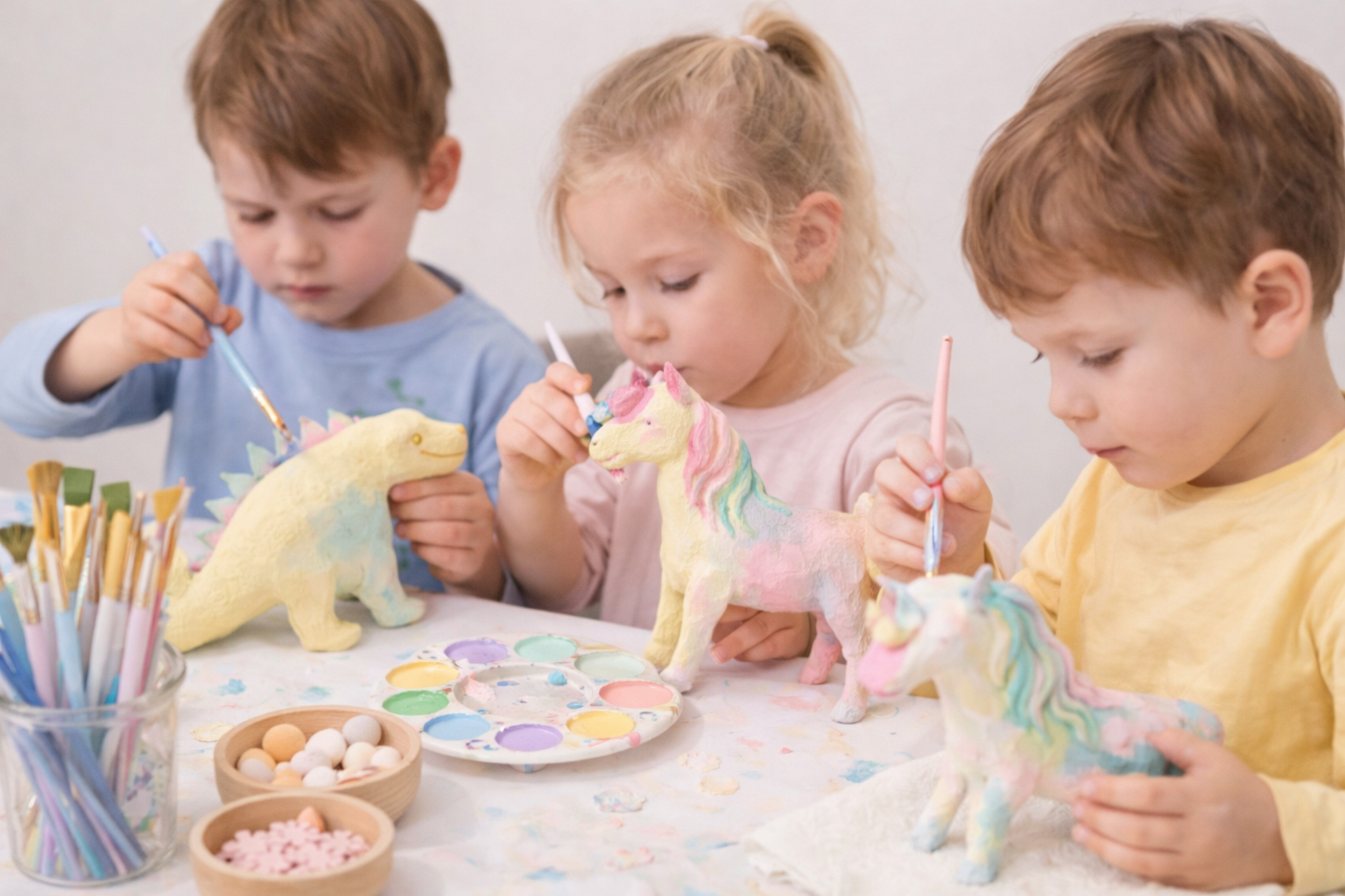 Drei Kinder malen und verzieren handgefertigte Einhorn- und Dinosaurier-Modelle mit Wasserfarben und Pinseln.
