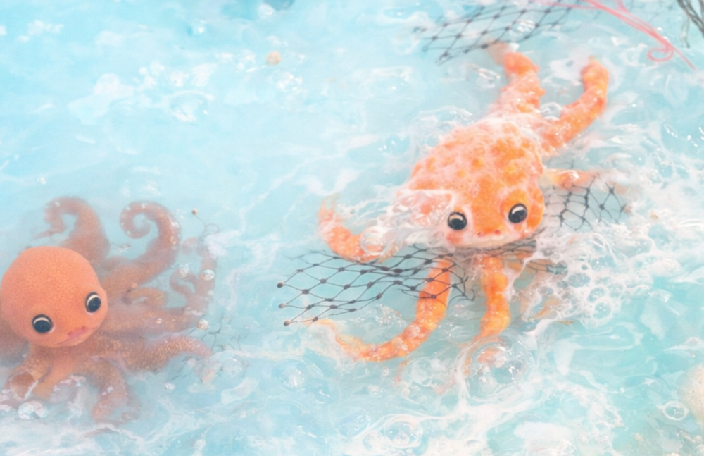 Zwei Plüschkreaturen im Wasser, eine mit Tentakeln und die andere mit Flügeln, beide haben große, schwarze Augen.