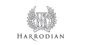 Harrodian logo with an eagle holding an hourglass.