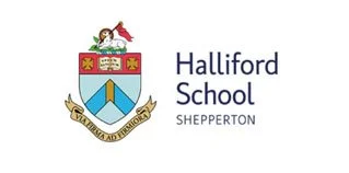 Logo of Halliford School, Shepperton, with a shield crest and the school name
