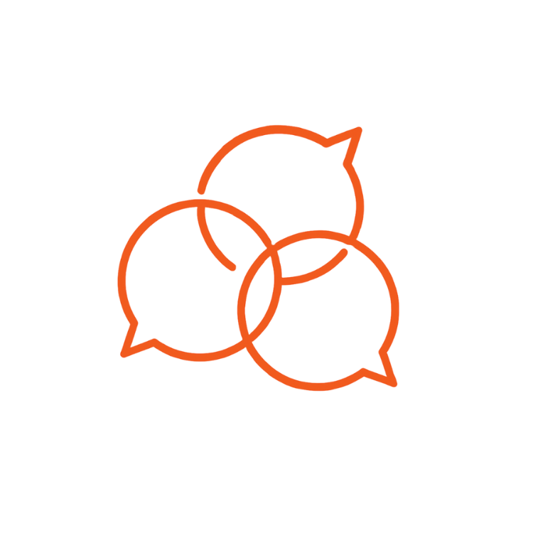 Three overlapping conversation bubble icons in orange outline on a white background.