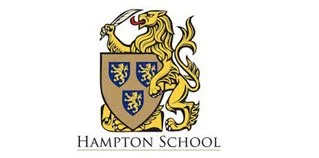 Hampton School crest featuring a gold lion holding a red sword and a shield with blue and gold elements.