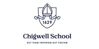 Chigwell School logo with a shield and the year 1629, and the motto in Latin.