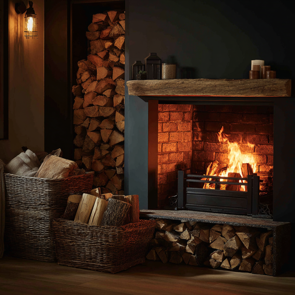 Cheminée allumée dans un salon avec bois de chauffage et décoration chaleureuse.