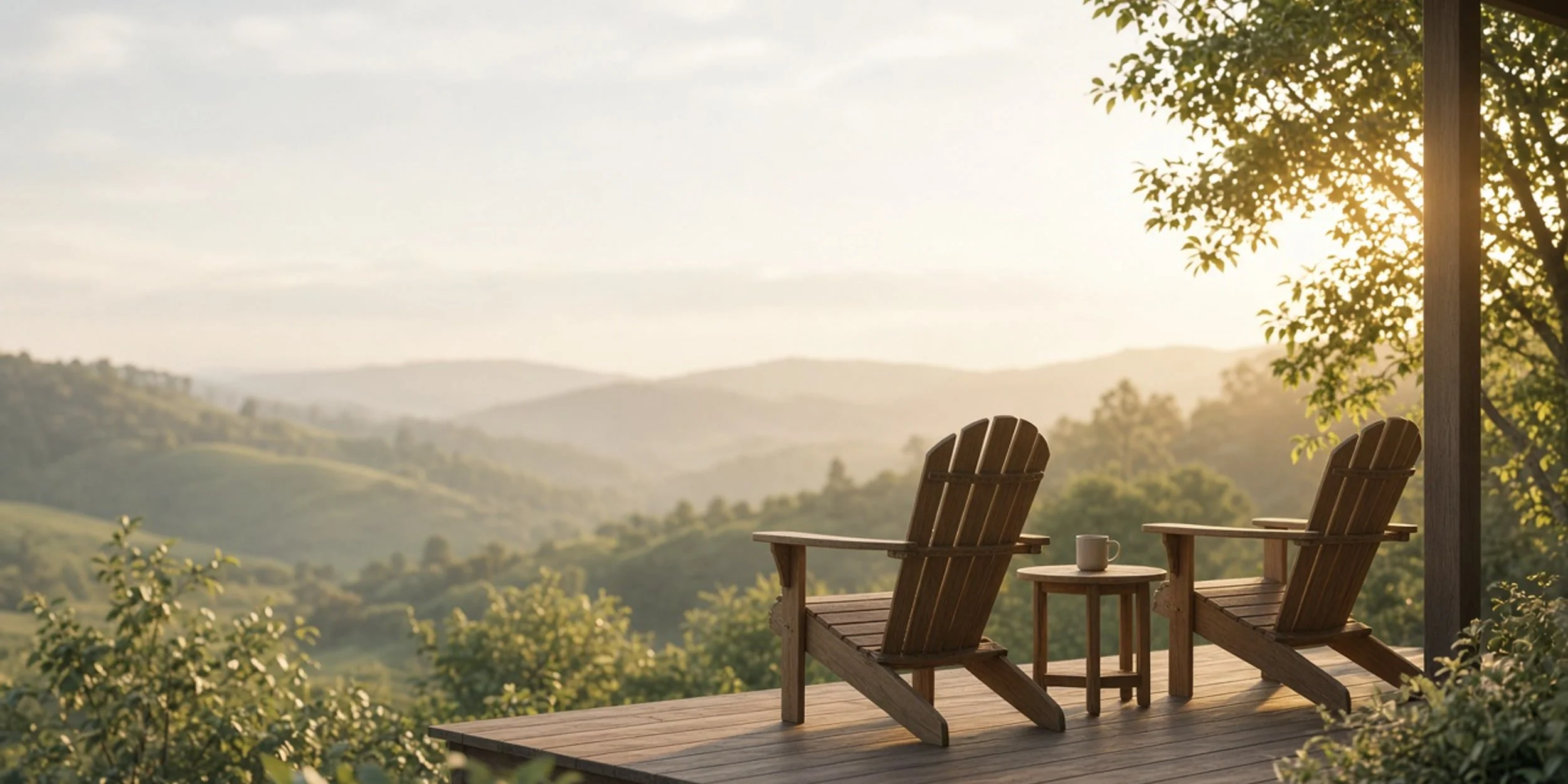 Two wooden chairs on a porch at golden hour overlooking rolling hills