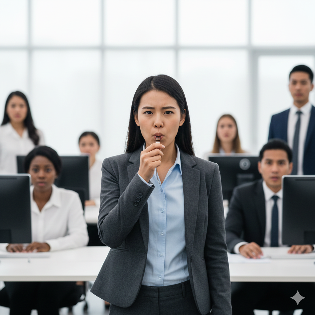 A woman in business attire blowing a kiss in front of a group of colleagues in an office setting.