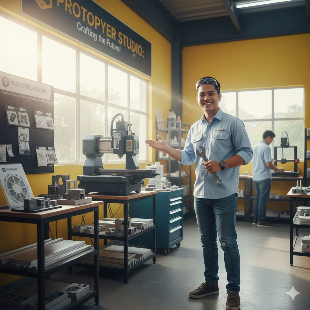 A smiling man holding a wrench stands inside a prototyping workshop with a CNC machine and various metal parts and tools, labeled 'Prototyper Studio: Crafting the Future.'