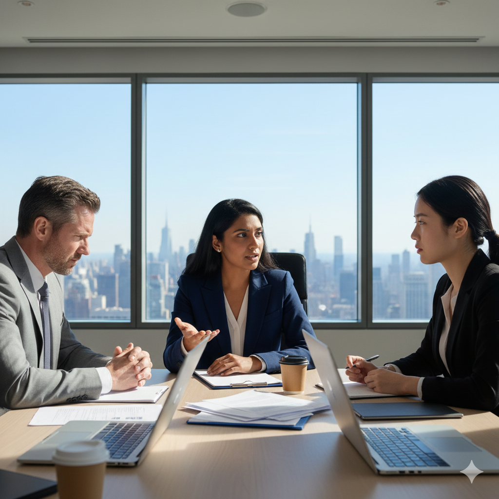 Three professionals having a discussion in a modern office with a city skyline view.
