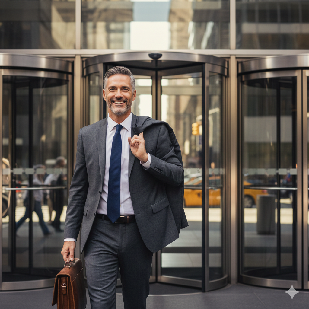 Smiling businessman in a suit leaving an office building, carrying a briefcase.