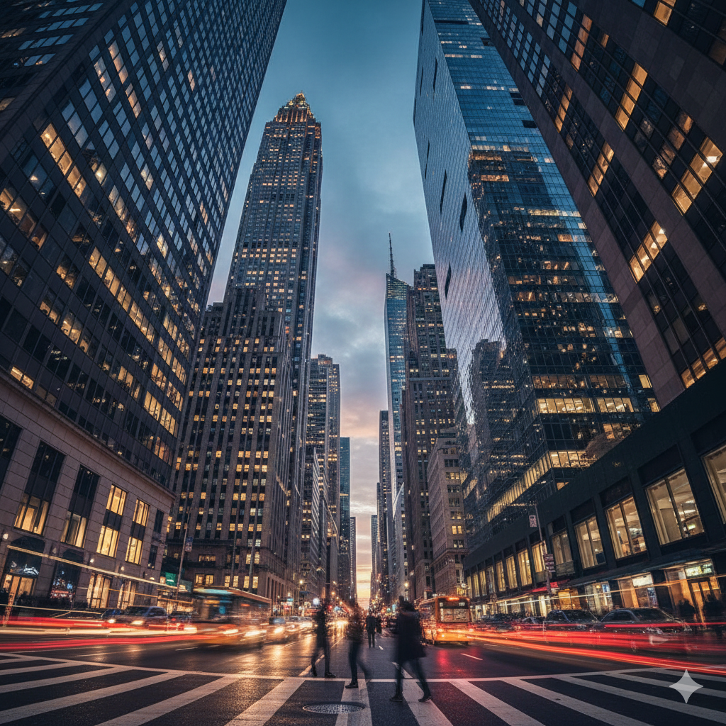 City street at dusk with tall skyscrapers reflecting the evening sky, people crossing the street, and moving vehicles with light trails.